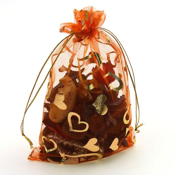100pcs Gold Heart Organza Packing Bags Jewellery Pouches Wedding Favors Christmas Party Gift Bag ZZ