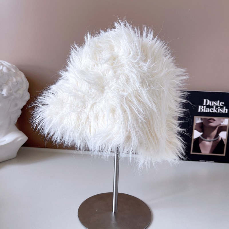 Wide Brim Hats Bucket Winter Long Rabbit Hair for Women Plain Face All match Warm Fisherman Cap Cute Japanese Furry Basin Hat 230831