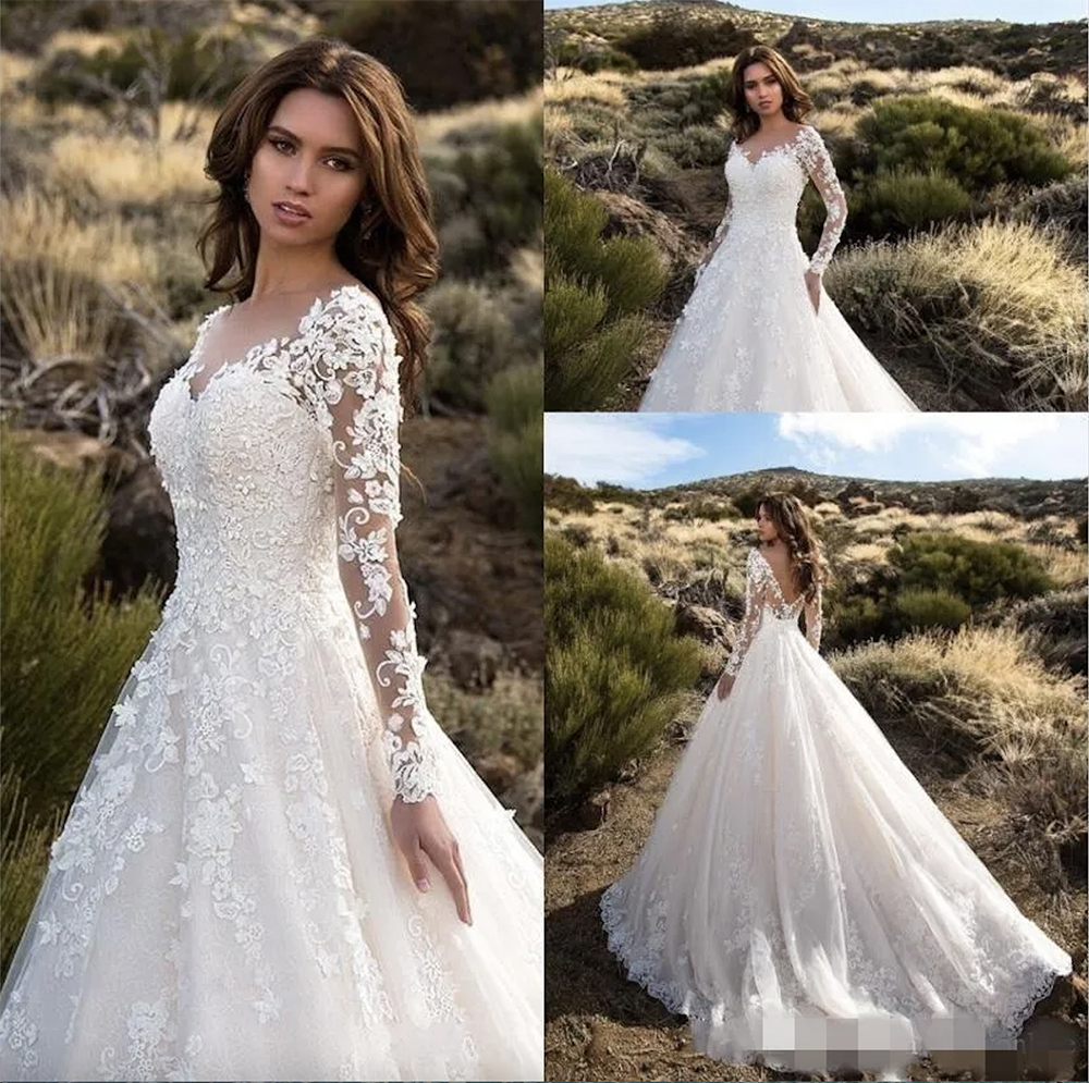 2023 Modest Long Sleeves A Line Wedding Dresses V Neck Lace Appliqued Sweep Train Plus Size Wedding Bride Gown vestido de novia
