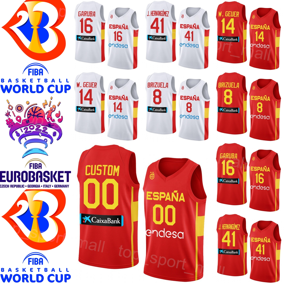 Printed 2023 World Cup Basketball Spain Jersey Espana 16 USMAN GARUBA 4 ALBERTO DIAZ 8 Dario Brizuela 21 Alex Abrines 9 Ricky Rubio 13 Marc Gasol 4 Pau Gasol Red White