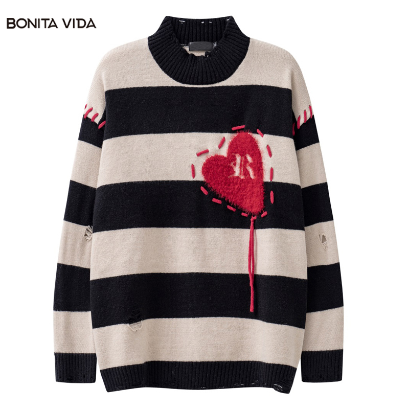 Men's Sweaters Men Ripped Streetwear Harajuku Knitted Heart Black Striped Holes Jumper 2023 Hip Hop Fashion Loose Pullover 230831