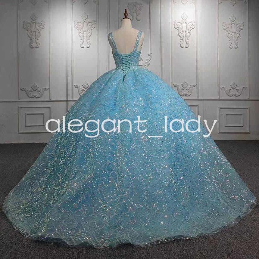 Sky Blue Princess Gillter Quinceanera Dresses Sweetheart Sparkly Sequins Applique Corset Puffy Sweet 15 vestidos de gala