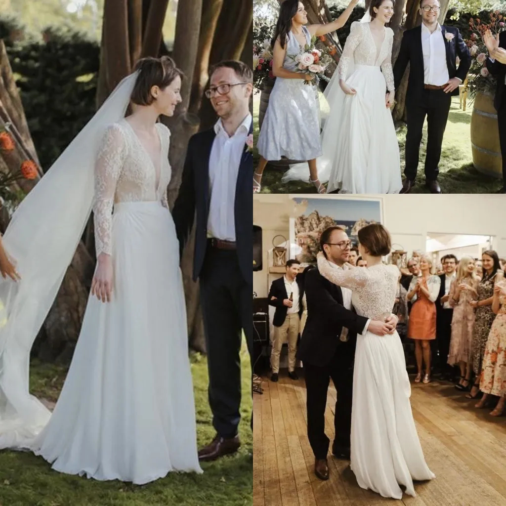Elegant Long Sleeves Lace Chiffon Wedding Dresses Sheer Deep V-neck Sexy Garden Beach Bridal Gowns 2023 Fall Bride Dress Robe De Mariee