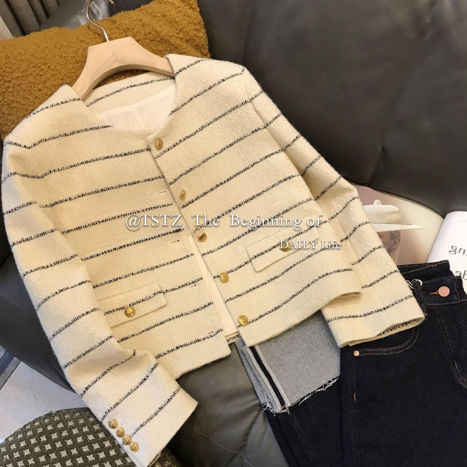 New fashion womens o-neck long sleeve stripe pattern tweed woolen jackets coat SMLXL