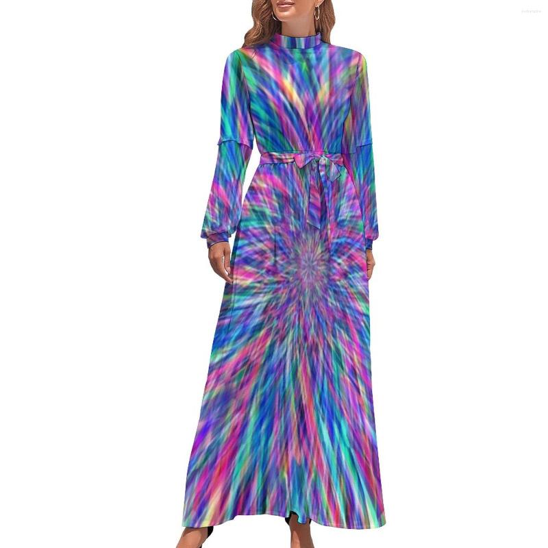 Casual Dresses Colorful Tie Dye Dress Bright Light Print Elegant Printed Maxi High Neck Long Sleeve Aesthetic Boho Beach
