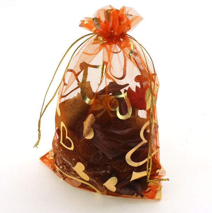 100pcs Gold Heart Organza Packing Bags Jewellery Pouches Wedding Favors Christmas Party Gift Bag ZZ