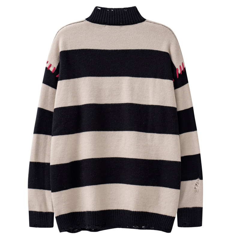 Men's Sweaters Men Ripped Streetwear Harajuku Knitted Heart Black Striped Holes Jumper 2023 Hip Hop Fashion Loose Pullover 230831