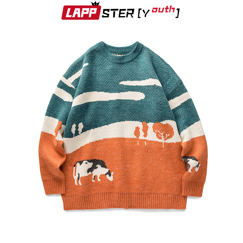 Men's Sweaters LAPPSTERYouth Men Cows Vintage Winter 2023 Pullover Mens ONeck Korean Fashions Sweater Women Casual Harajuku Clothes 230831