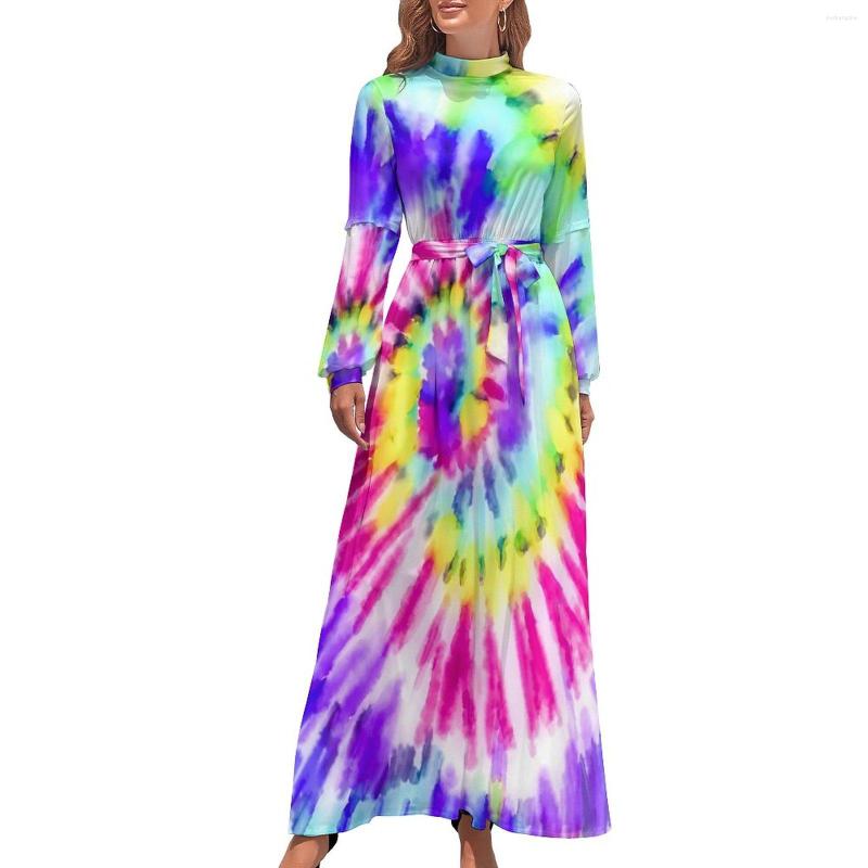 Casual Dresses Colorful Tie Dye Dress Bright Light Print Elegant Printed Maxi High Neck Long Sleeve Aesthetic Boho Beach