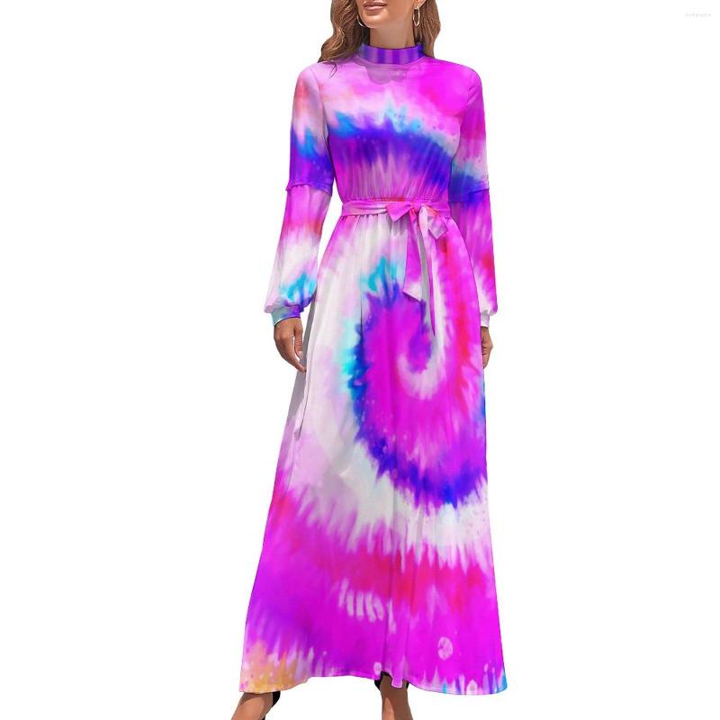 Casual Dresses Colorful Tie Dye Dress Bright Light Print Elegant Printed Maxi High Neck Long Sleeve Aesthetic Boho Beach