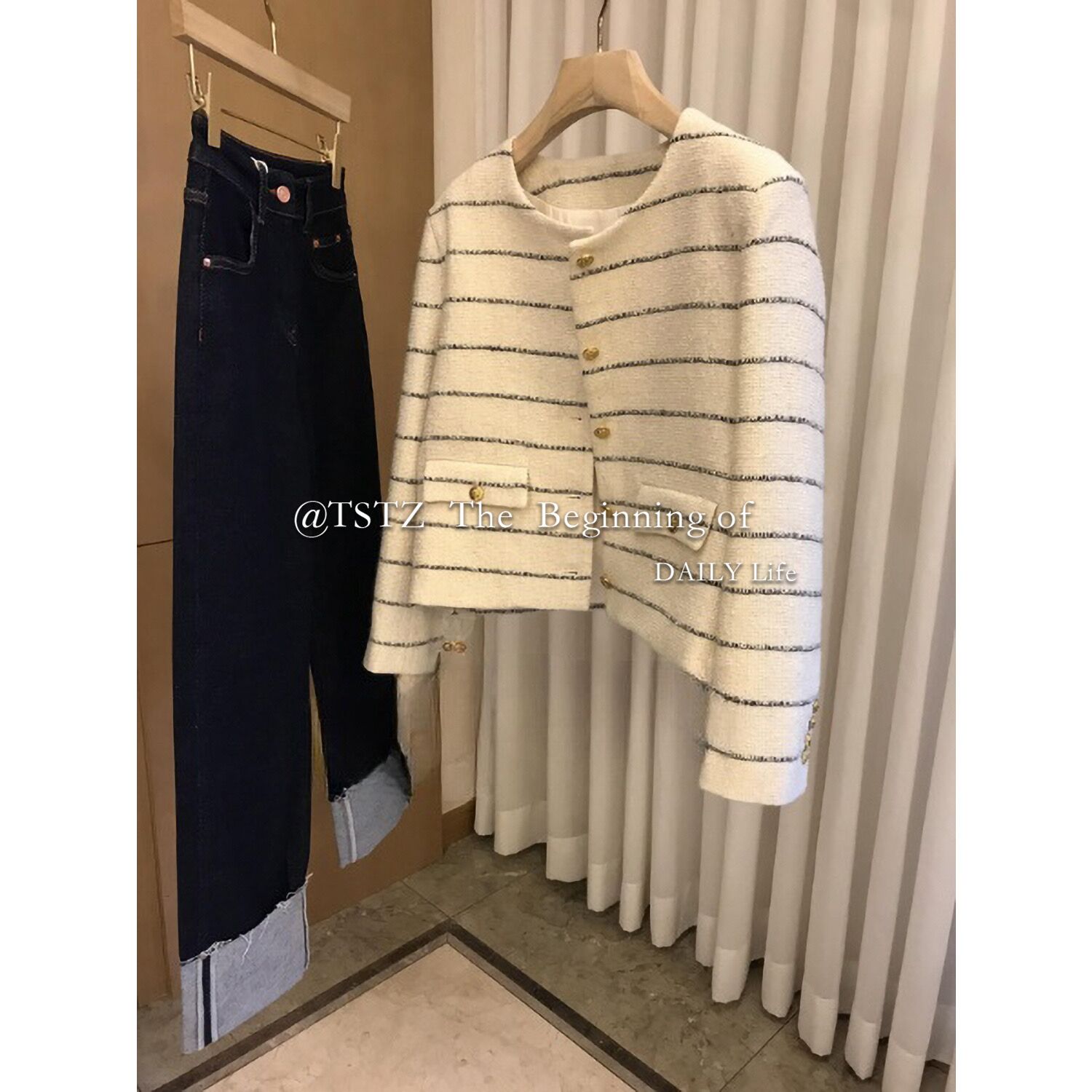 New fashion womens o-neck long sleeve stripe pattern tweed woolen jackets coat SMLXL