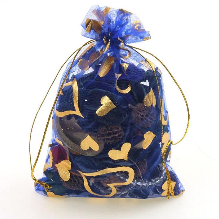 100pcs Gold Heart Organza Packing Bags Jewellery Pouches Wedding Favors Christmas Party Gift Bag ZZ