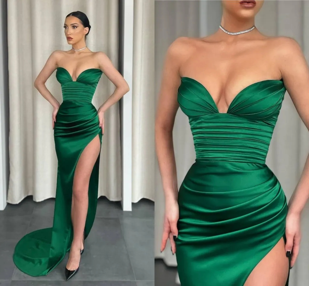 Sexy Emerald Green Mermaid Prom Dresses High Side Split Backless Charming Formal Party Wear Simple Satin Pleats Long Evening Gowns Special Occasion We