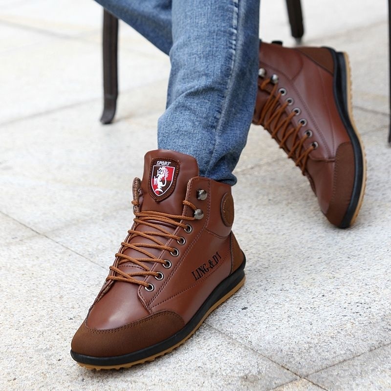 Boots Men Leather PU Shoes Plus Size Fashion Sneakers Man Casual Ankle Loafers Hightop Nonslip Student Trainers 230831