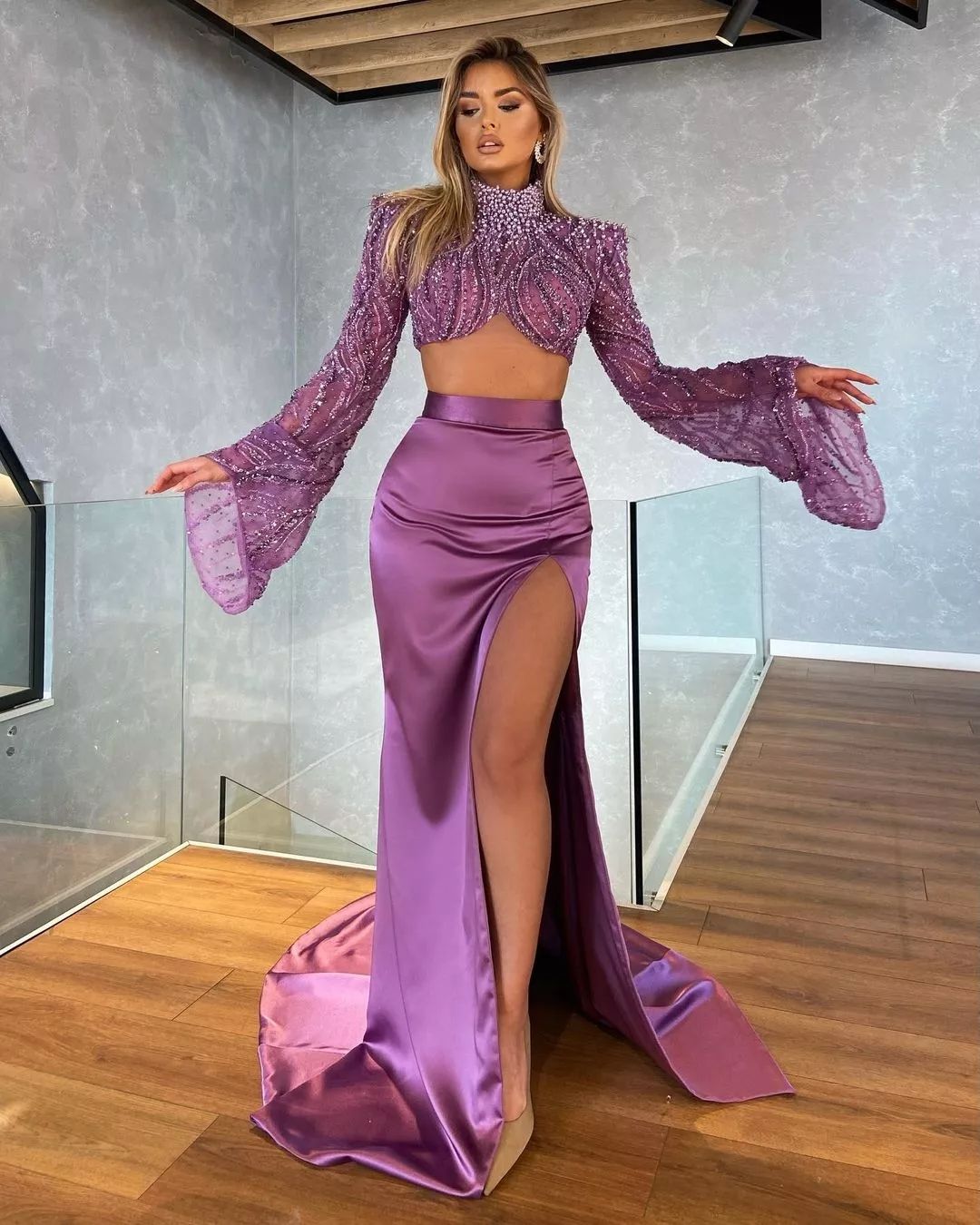 Purple Mermaid Prom Dresses Pearls High Neck Evening Dress Sequins Beads Sleeves Thigh Split Pleats Formal Long Special Ocn Party Dress 0515