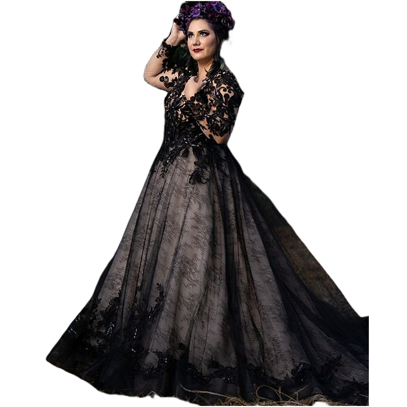 2023 Long Sleeves Black A Line Lace Wedding Dresses Deep V-neck Backless Gothic Bridal Gowns Illusion Beaded Appliqued Country Vestido De Novia Robe