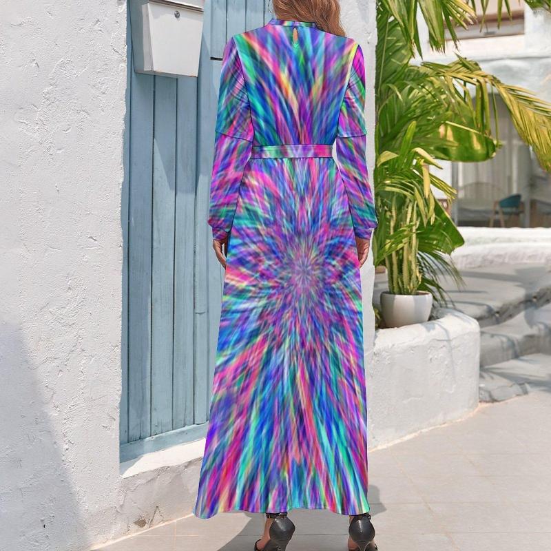 Casual Dresses Colorful Tie Dye Dress Bright Light Print Elegant Printed Maxi High Neck Long Sleeve Aesthetic Boho Beach