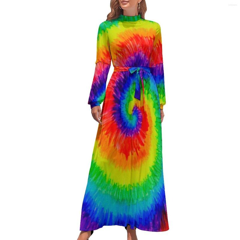 Casual Dresses Colorful Tie Dye Dress Bright Light Print Elegant Printed Maxi High Neck Long Sleeve Aesthetic Boho Beach