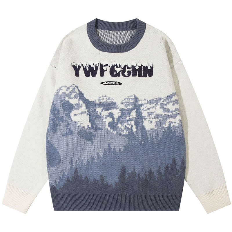 Men's Sweaters Vintage Snow Mountain Jacquard Knitted Sweater Mens Hip Hop Loose Pullover Knitwear Top 230831