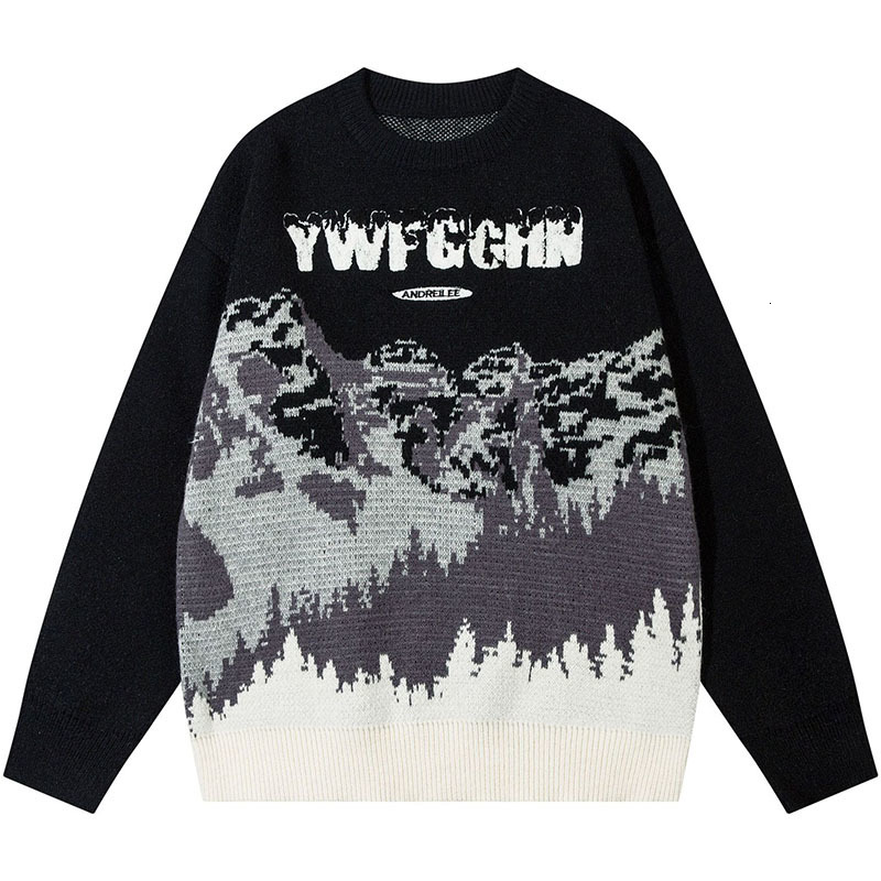 Men's Sweaters Vintage Snow Mountain Jacquard Knitted Sweater Mens Hip Hop Loose Pullover Knitwear Top 230831