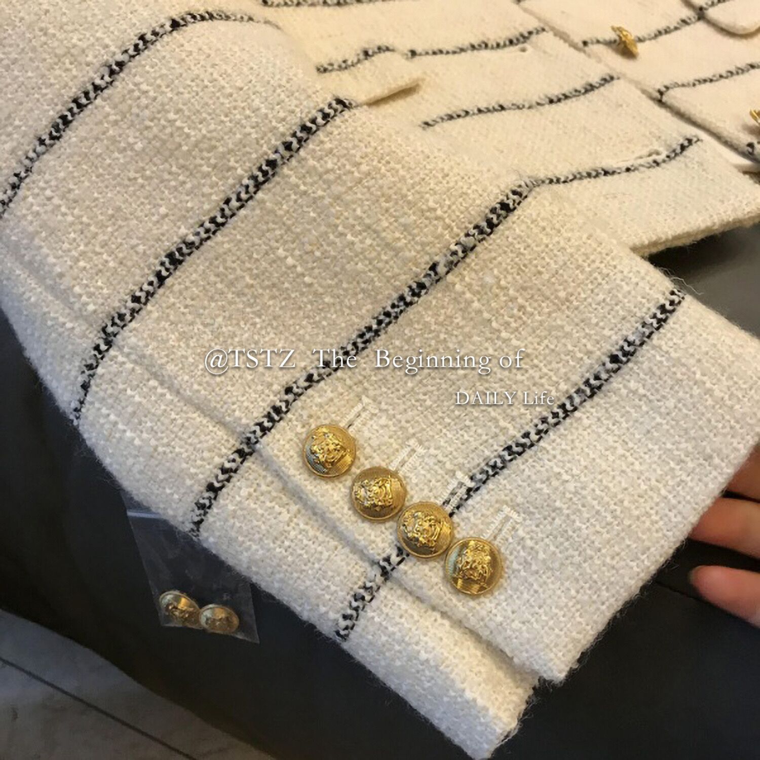 New fashion womens o-neck long sleeve stripe pattern tweed woolen jackets coat SMLXL