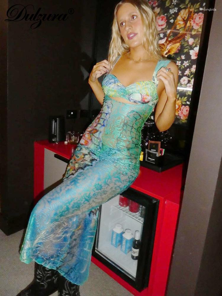Casual Dresses Lace Print Cut Out Maxi Dress Bodycon Sexy Party Club Y2K Outfits Streetwear Bandage Vestido Classic Prom