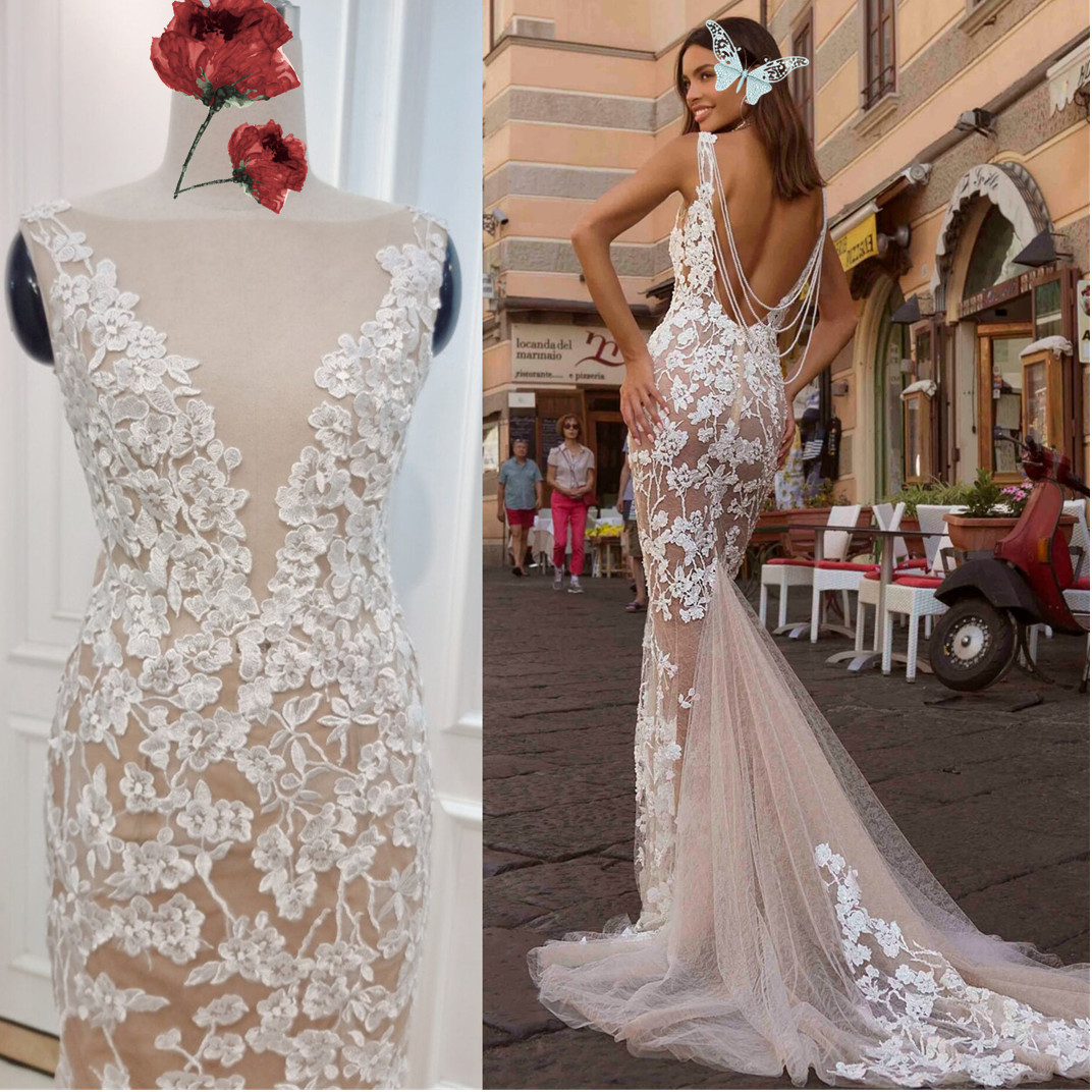 Illusion Lace Mermaid Wedding Dresses Sexy Deep V Neck Sleeveless Bridal Gowns Backless Beading robes de mariee
