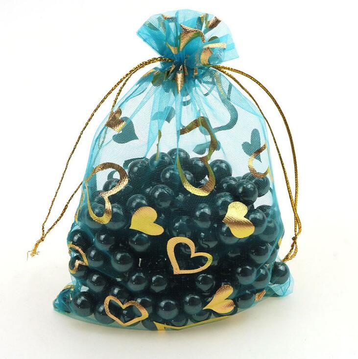 100pcs Gold Heart Organza Packing Bags Jewellery Pouches Wedding Favors Christmas Party Gift Bag ZZ