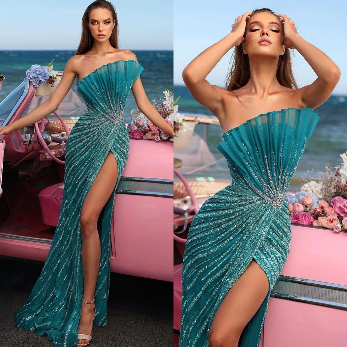 Strapless Mermaid Evening Dress Split Pleats Crystal Beads Formal Prom Gown
