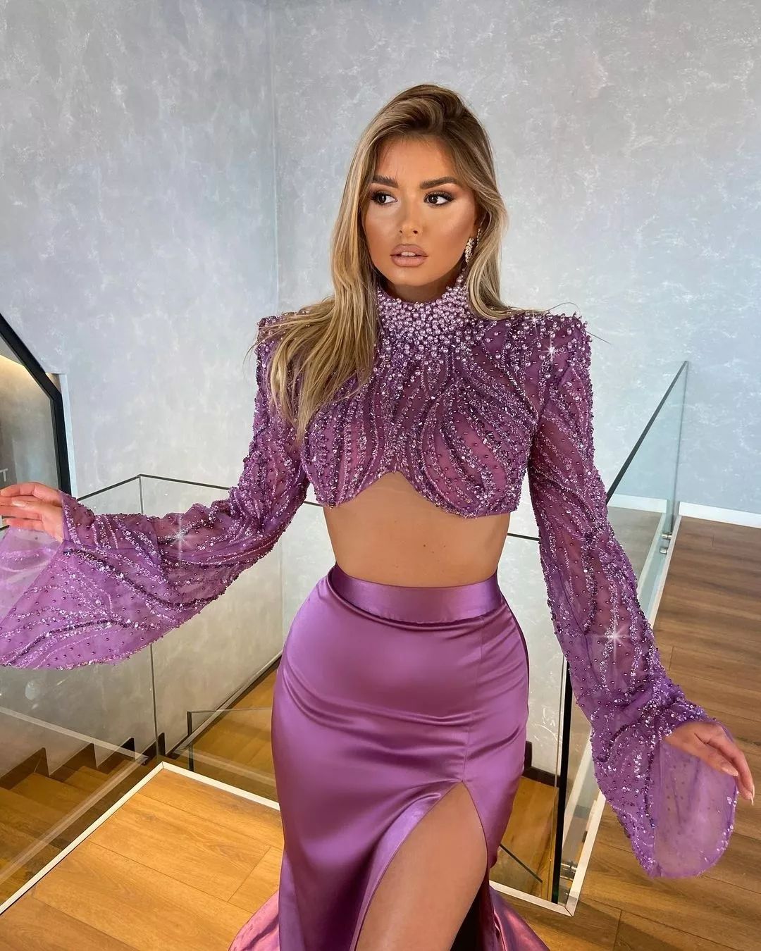 Purple Mermaid Prom Dresses Pearls High Neck Evening Dress Sequins Beads Sleeves Thigh Split Pleats Formal Long Special Ocn Party Dress 0515