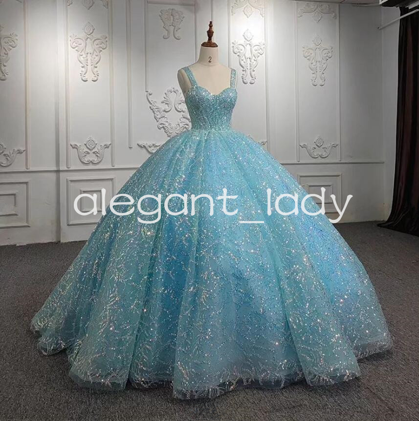 Sky Blue Princess Gillter Quinceanera Dresses Sweetheart Sparkly Sequins Applique Corset Puffy Sweet 15 vestidos de gala
