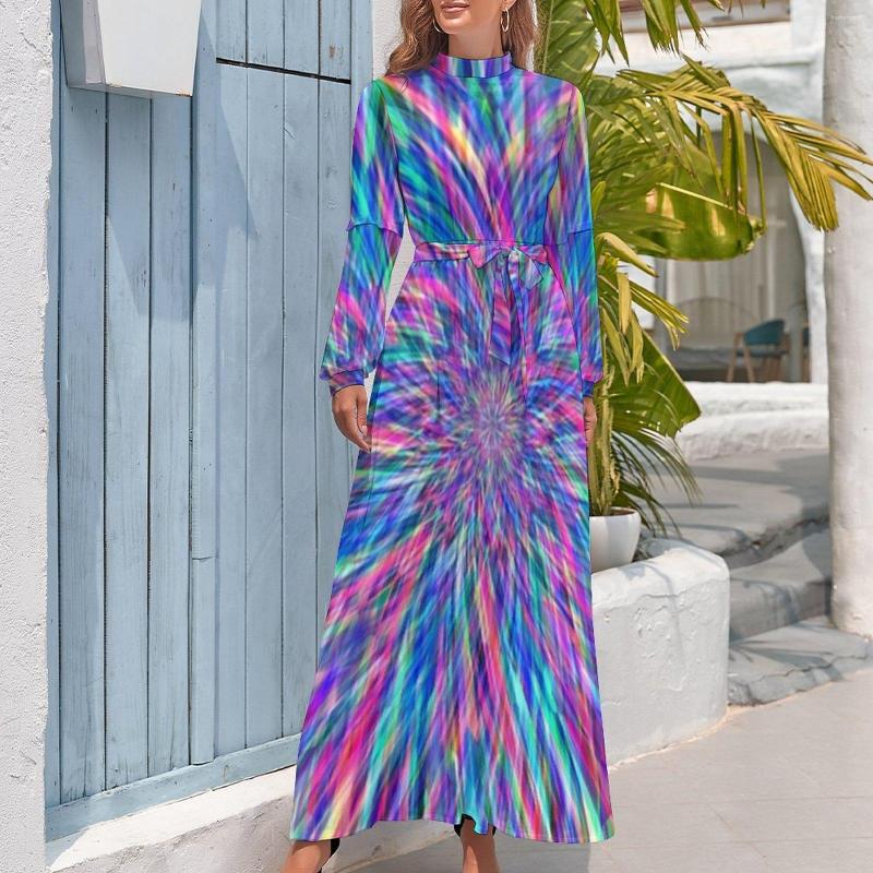 Casual Dresses Colorful Tie Dye Dress Bright Light Print Elegant Printed Maxi High Neck Long Sleeve Aesthetic Boho Beach