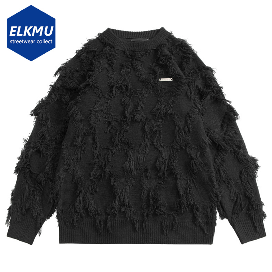 Men's Sweaters Distressed Tassel Oversized Streetwear Black White Fashion Hip Hop Jumpers Knitted Pullovers 230831