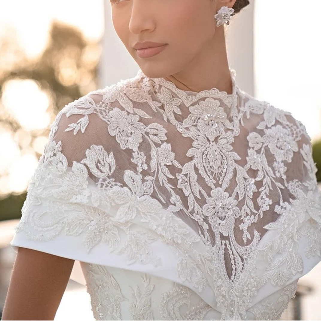 Vinatge High Neck Ball Gown Wedding Dresses Short Sleeve 2024 Long Satin Bridal Dress Two Pieces Sweep Train Custom Made African Bride Formal Wear