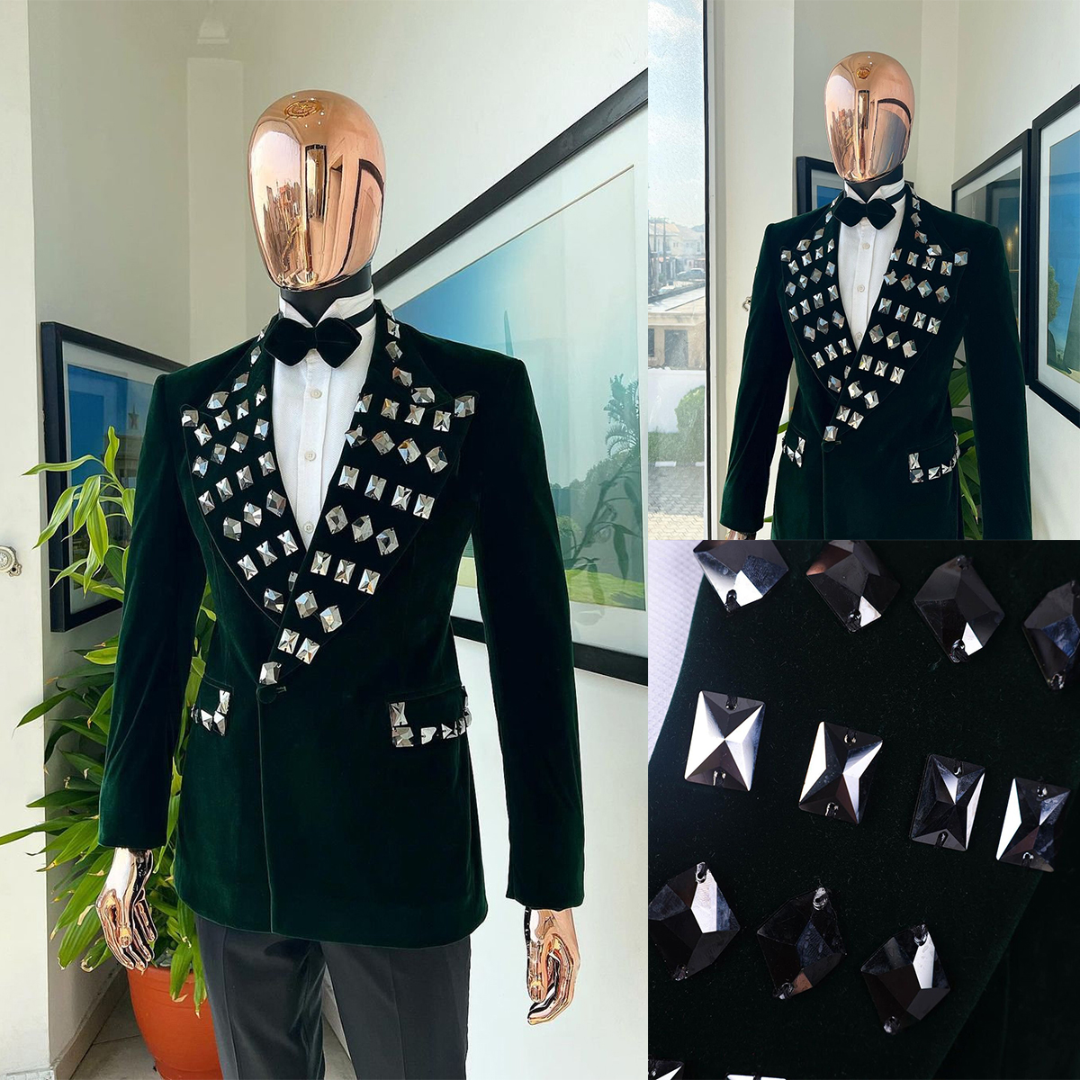 Luxury Crystal Beading Men Tuxedos Slim Fit Gorgeous Tailored Peaked Lapel Tuxedos Jacket 2 Pieces Male Costume Coat