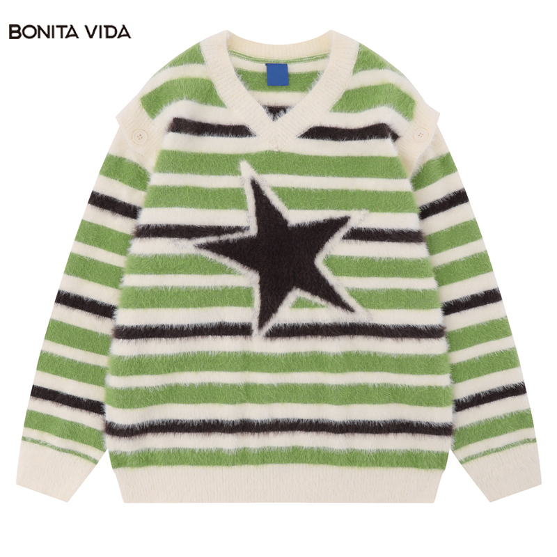 Men's Sweaters Harajuku Star Detachable Sleeve Sweater Men Autumn Streetwear Hip Hop Knitted Fluffy Fuzzy Stripe Jumper Pullover Casual 230831