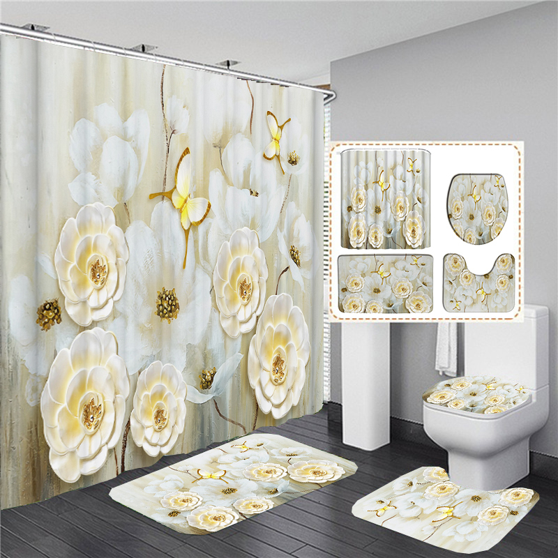 Shower Curtains Elegant Bouquet of Fantastic White Flowers 3D Style Shower Curtain Bathroom Curtain with Bath Rug Carpet Set Floral Home Decor 230831