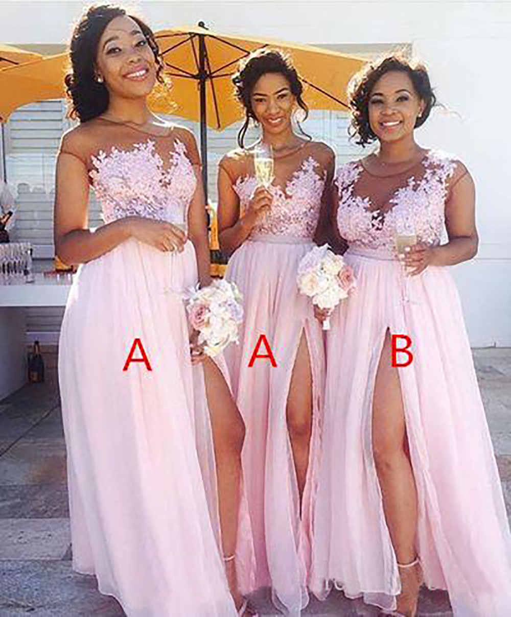 2023 cheap Chiffon blush pink Bridesmaid Dresses Appliqued Illusion Bodice Sexy Split Summer Black Women Maid Of Honor BM0146
