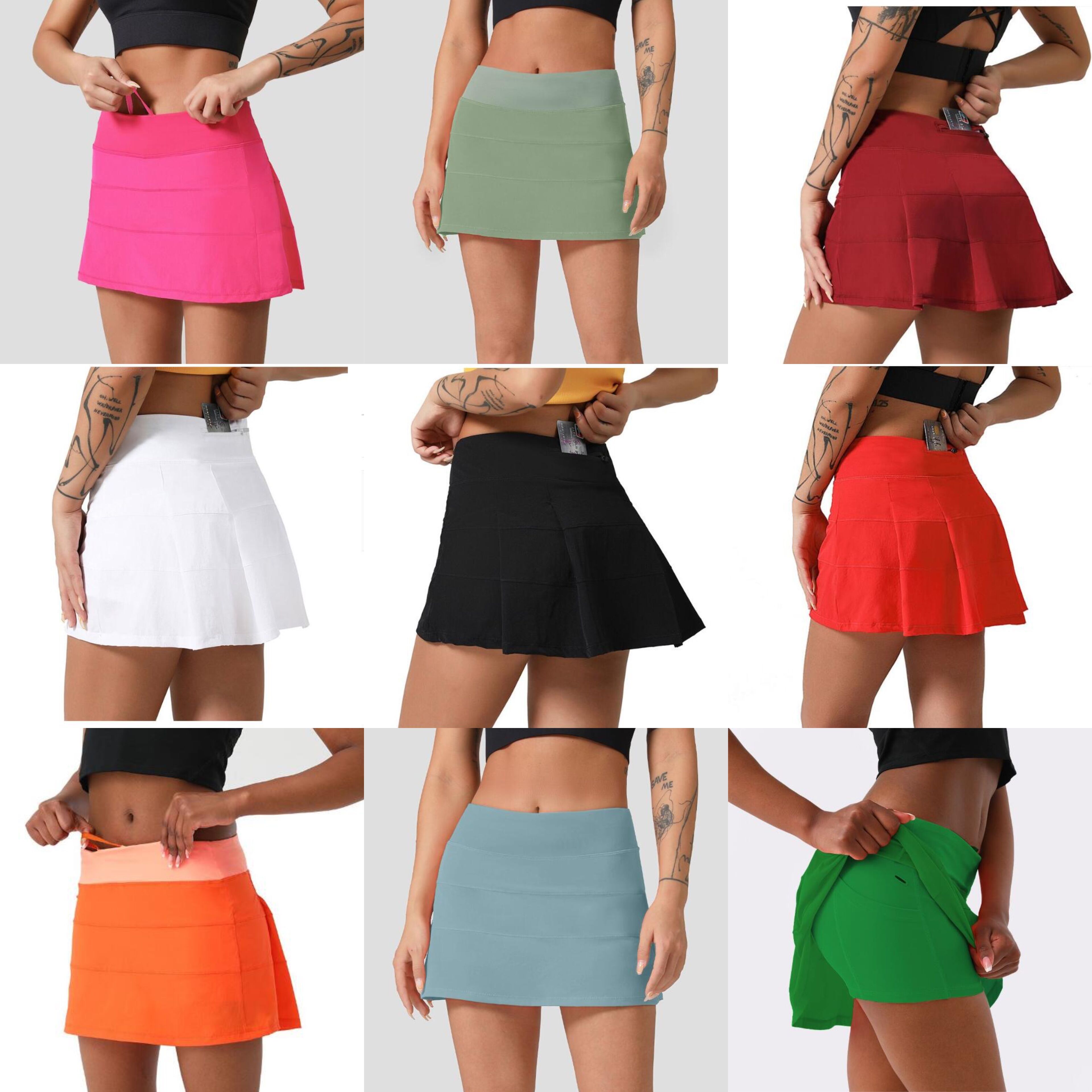 lu Women Sports Yoga Skirts Workout Shorts Zipper Pleated Tennis Golf Skirt Anti Exposure Fitness Short Skirt with Pocket