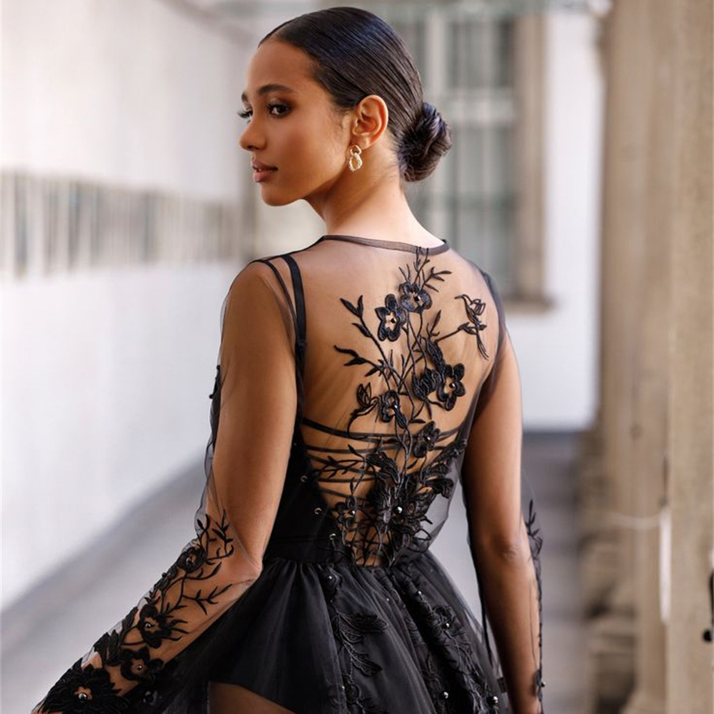 Black Embroid A-line Bridal Robe for Wedding See Through Front Button Women Bathrobes V Neck Long Sleeve Wedding Party Sleepwear without Underwear