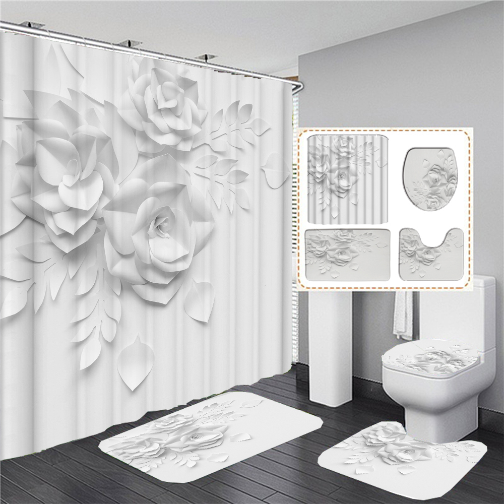 Shower Curtains Elegant Bouquet of Fantastic White Flowers 3D Style Shower Curtain Bathroom Curtain with Bath Rug Carpet Set Floral Home Decor 230831