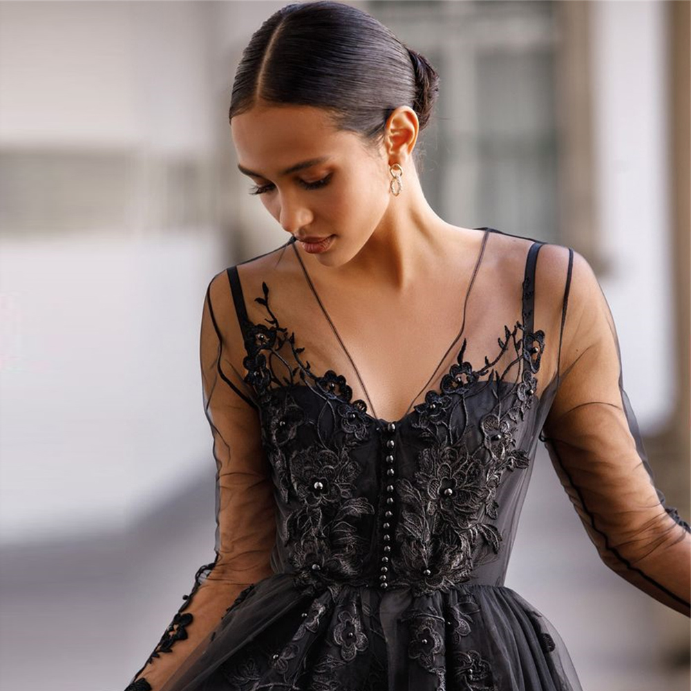 Black Embroid A-line Bridal Robe for Wedding See Through Front Button Women Bathrobes V Neck Long Sleeve Wedding Party Sleepwear without Underwear