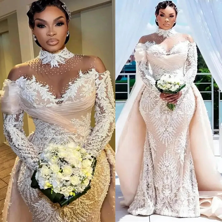 Luxury African Mermaid Wedding Dresses Beaded Lace Appliques Long Sleeves Arabic Aso Ebi Bridal Gowns With Detachable Train Illusion High Neck Robe De