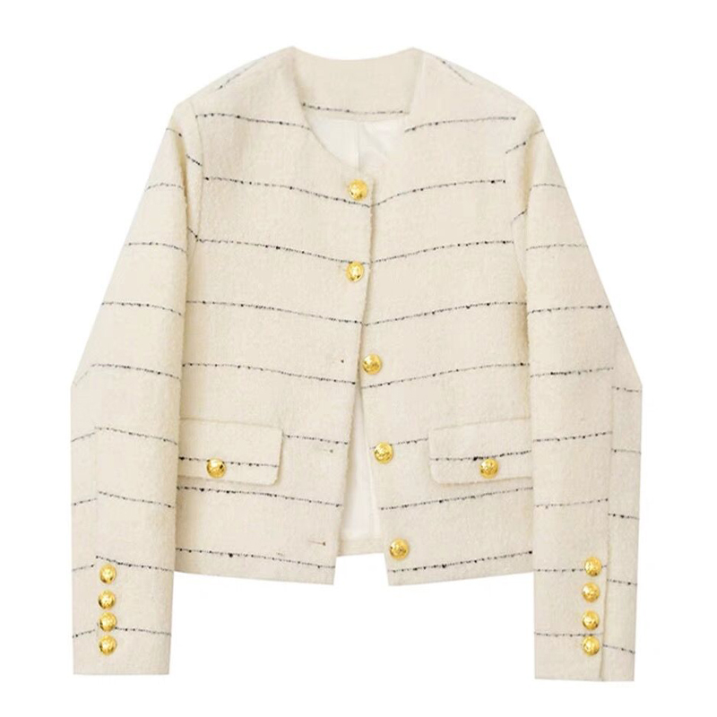 New fashion womens o-neck long sleeve stripe pattern tweed woolen jackets coat SMLXL
