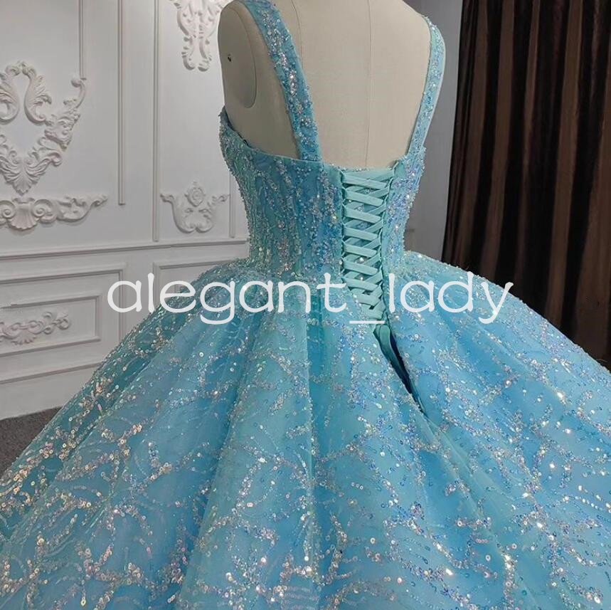 Sky Blue Princess Gillter Quinceanera Dresses Sweetheart Sparkly Sequins Applique Corset Puffy Sweet 15 vestidos de gala