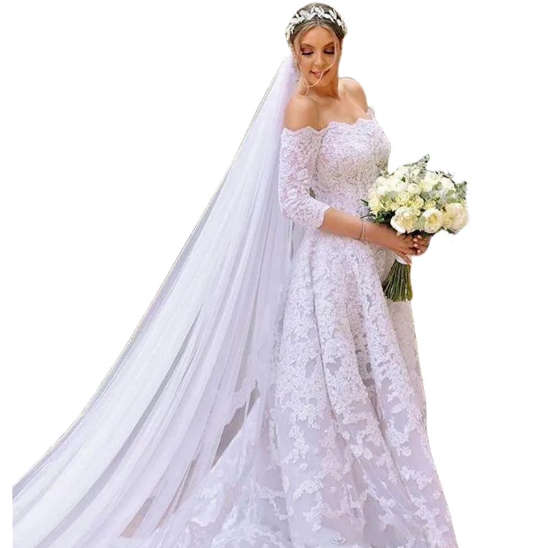 Vintage Lace A Line Wedding Dresses Bateau Neck Half Sleeves Long Elegant Bridal Gowns Court Train Lace-up Plus Size Bride Dress