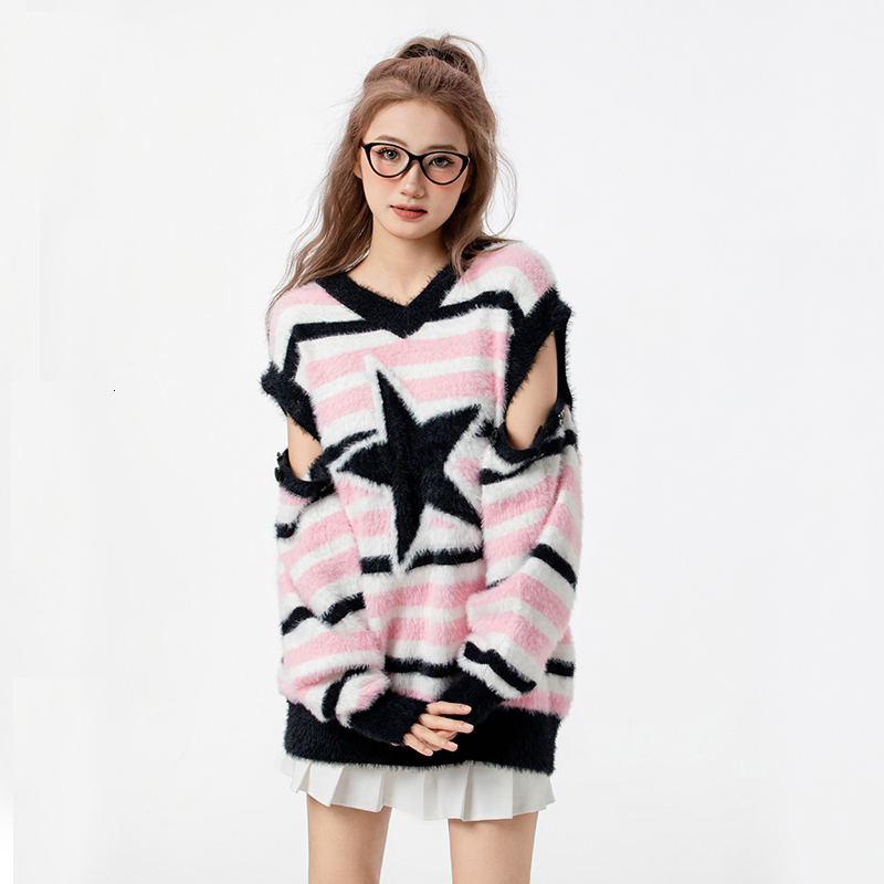 Men's Sweaters Harajuku Star Detachable Sleeve Sweater Men Autumn Streetwear Hip Hop Knitted Fluffy Fuzzy Stripe Jumper Pullover Casual 230831