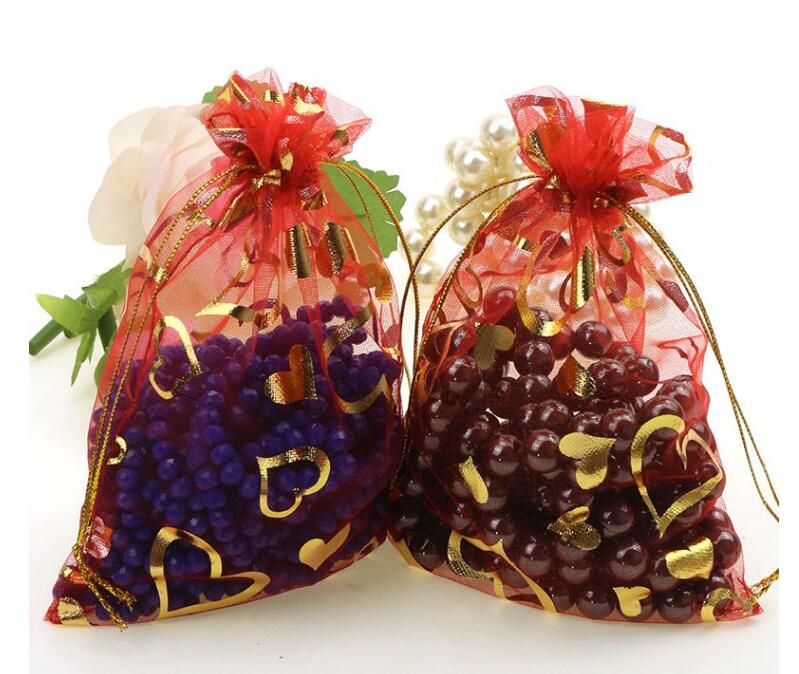 100pcs Gold Heart Organza Packing Bags Jewellery Pouches Wedding Favors Christmas Party Gift Bag ZZ