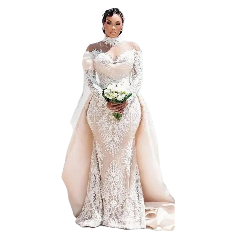 Luxury African Mermaid Wedding Dresses Beaded Lace Appliques Long Sleeves Arabic Aso Ebi Bridal Gowns With Detachable Train Illusion High Neck Robe De