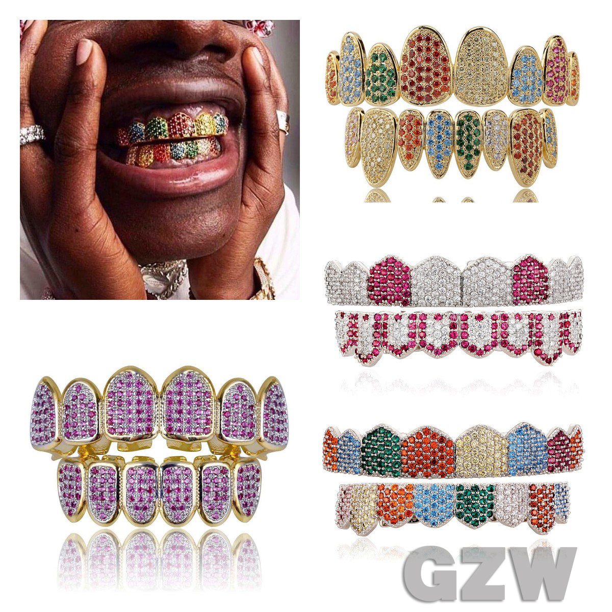 18K Gold Rose Gold White Gold Vampire Grillz Iced Out Fang Grills Full Colorful Diamond Cosplay Tooth Cap Dental Mouth Teeth Braces Halloween Ornament